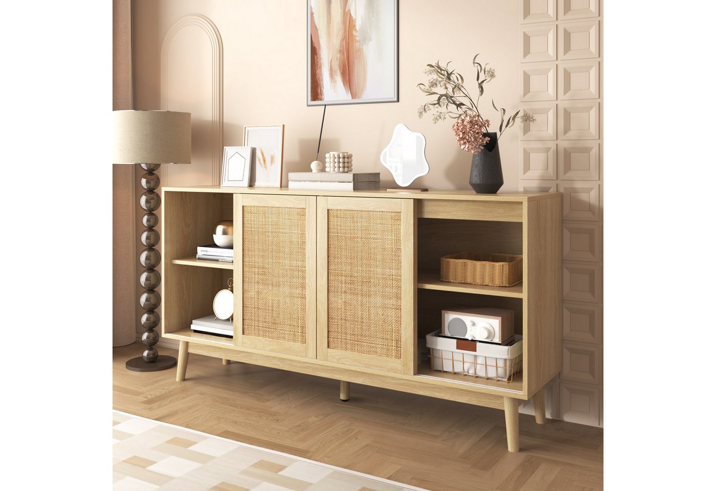 Celya Sideboard Kombikommode mit 3 Schiebetüren aus echtem Rattan und 2 Schubladen, 155x38x80 cm, atmungsaktiv, stabil und vielseitig – Bild 3 von 5
