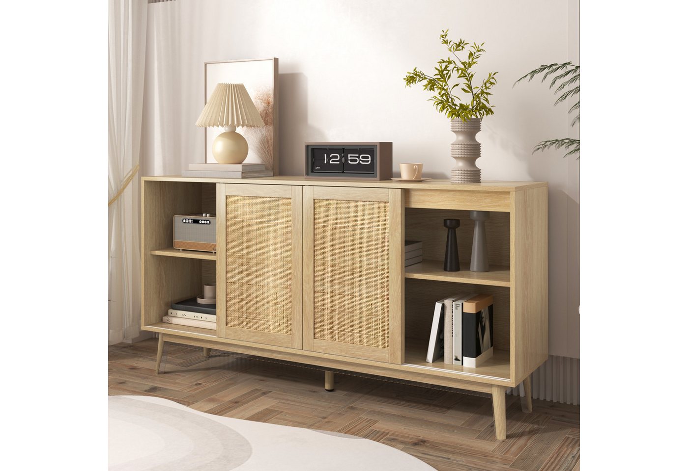 Celya Sideboard Kombikommode mit 3 Schiebetüren aus echtem Rattan und 2 Schubladen, 155x38x80 cm, atmungsaktiv, stabil und vielseitig – Bild 4 von 5