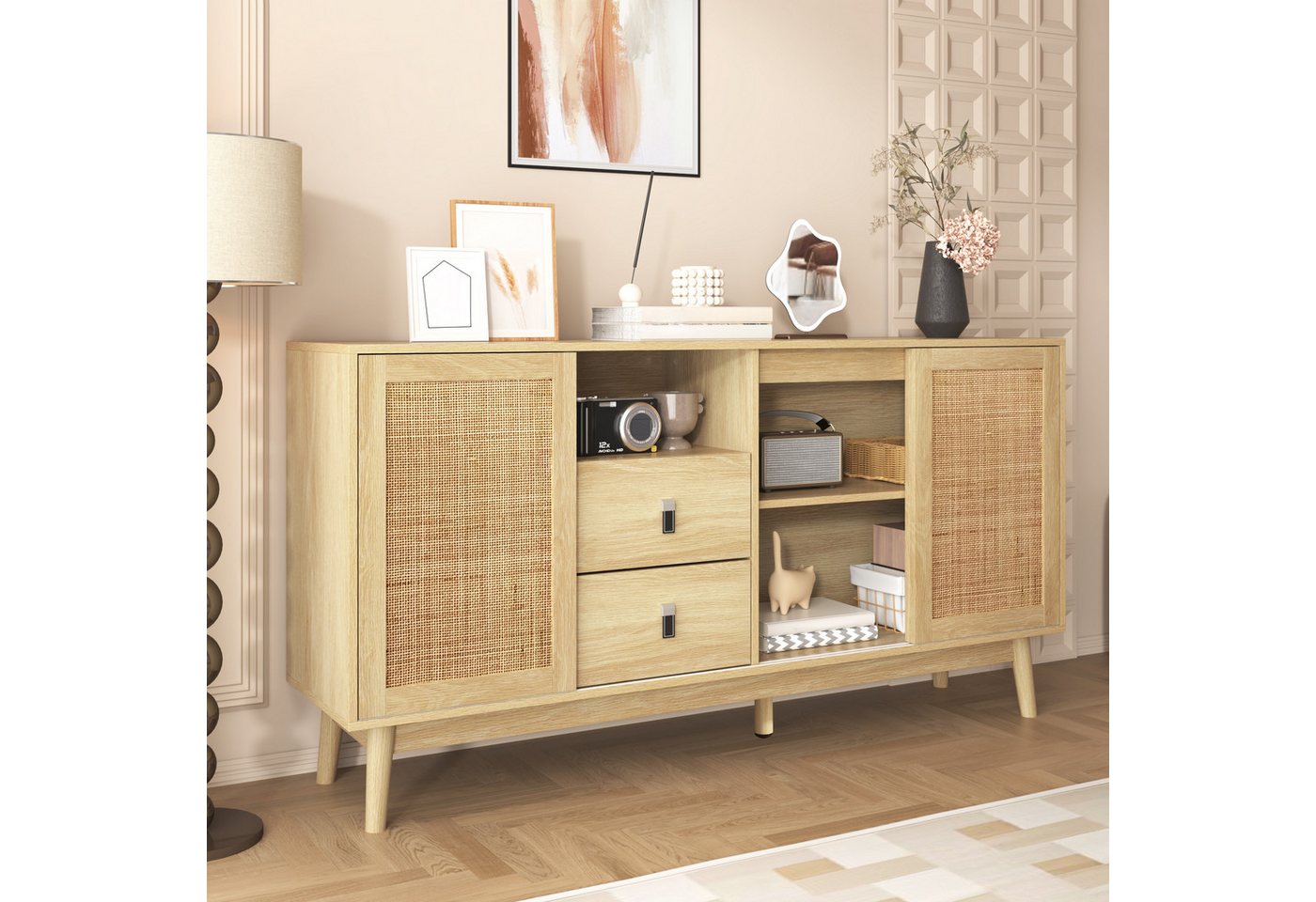 Celya Sideboard Kombikommode mit 3 Schiebetüren aus echtem Rattan und 2 Schubladen, 155x38x80 cm, atmungsaktiv, stabil und vielseitig – Bild 5 von 5
