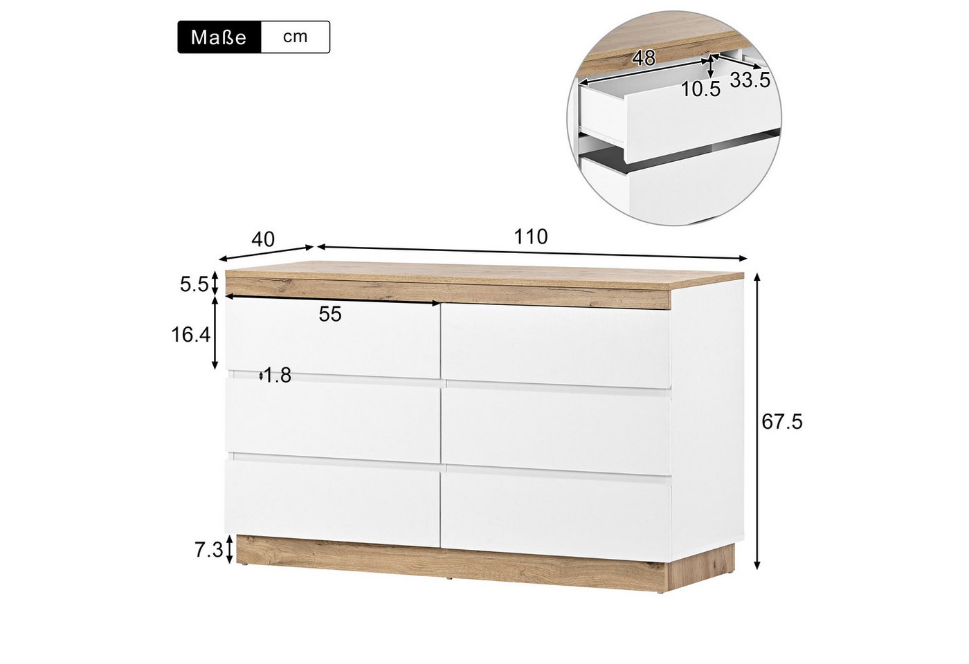Celya Sideboard Kommode mit 6 Schubladen 110 x 40 x 67,3 cm, fü¼r Wohnzimmer und Schlafzimmer E1-Spanplatte WeiB – Bild 2 von 5