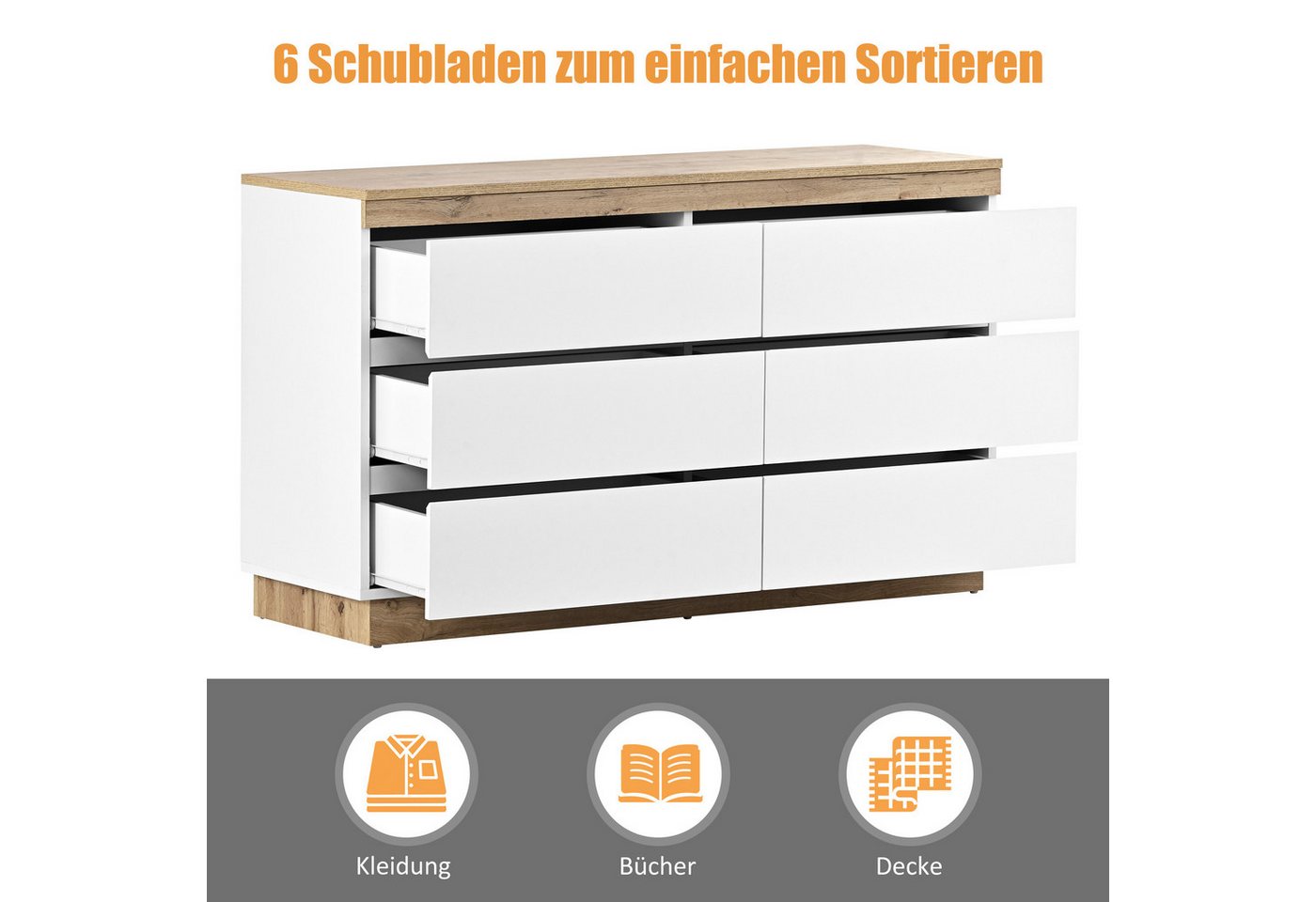 Celya Sideboard Kommode mit 6 Schubladen 110 x 40 x 67,3 cm, fü¼r Wohnzimmer und Schlafzimmer E1-Spanplatte WeiB – Bild 3 von 5