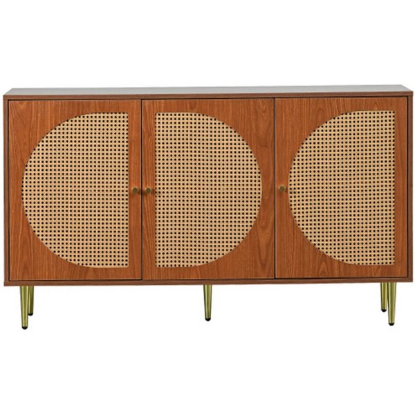 Celya Sideboard Sideboard mit 3 Rattan verzierten Türen Kommode Highboard,130cm, mit Metallgriffe