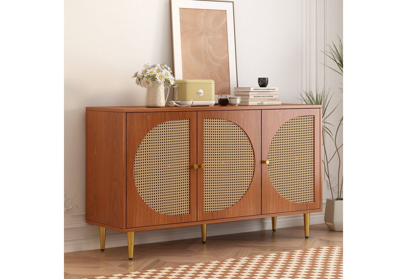 Celya Sideboard Sideboard mit 3 Rattan verzierten Türen Kommode Highboard,130cm, mit Metallgriffe – Bild 2 von 5