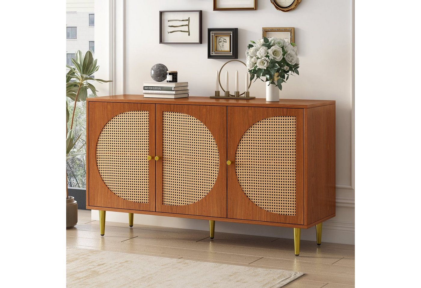 Celya Sideboard Sideboard mit 3 Rattan verzierten Türen Kommode Highboard,130cm, mit Metallgriffe – Bild 3 von 5
