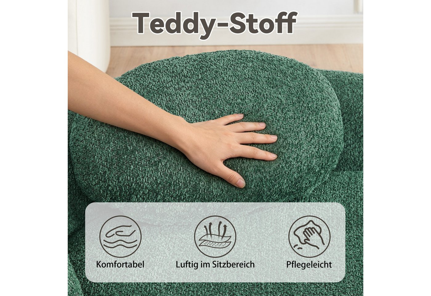 Celya Sofa Minimalistisches Teddyfleece-Sofa mit abgerundetem Design, weich gepolsterte Couch mit Kissen – Bild 3 von 5