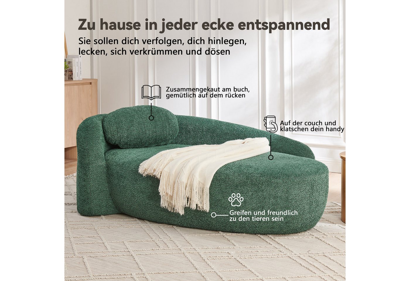 Celya Sofa Minimalistisches Teddyfleece-Sofa mit abgerundetem Design, weich gepolsterte Couch mit Kissen – Bild 4 von 5