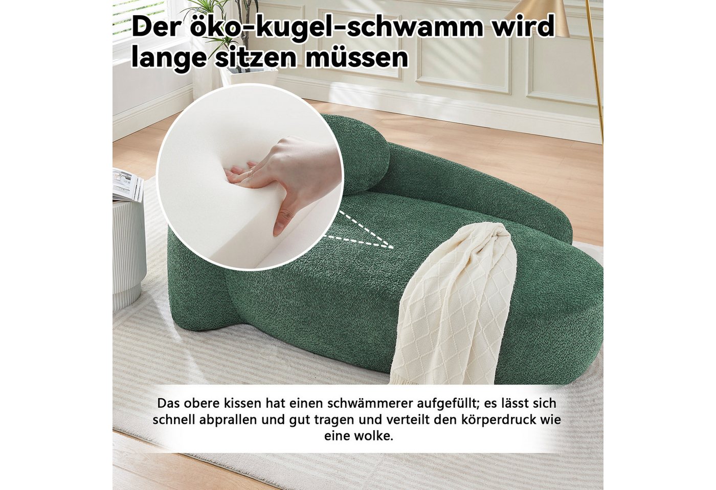 Celya Sofa Minimalistisches Teddyfleece-Sofa mit abgerundetem Design, weich gepolsterte Couch mit Kissen – Bild 5 von 5