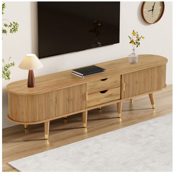 Celya TV-Schrank TV-Möbel, TV-Ständer, niedrigerer Fernsehschrank mit Schiebetüren (mit offenen Fächern, Schubladen und Schrank, natürliches Design) Geeignet fü