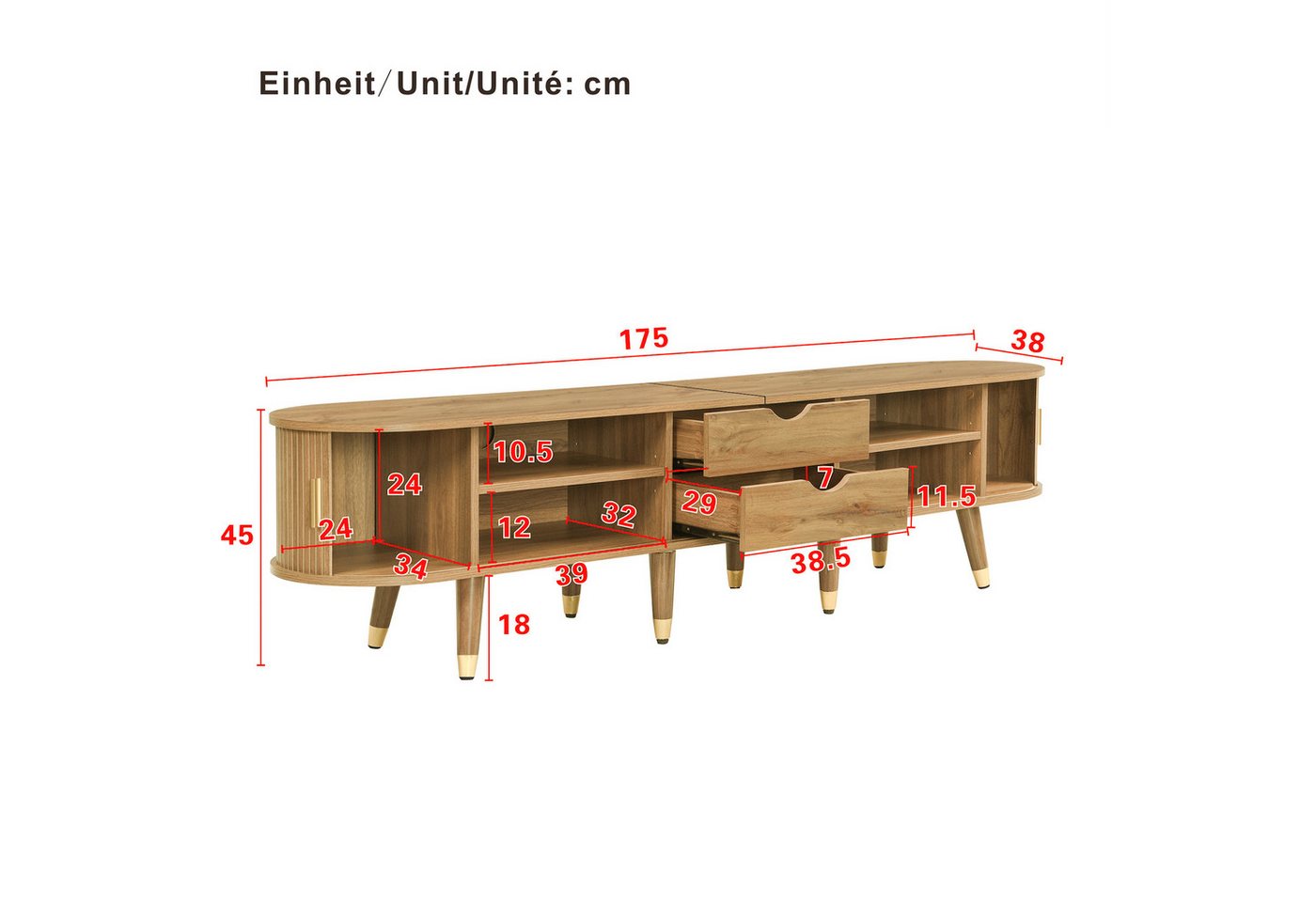 Celya TV-Schrank TV-Möbel, TV-Ständer, niedrigerer Fernsehschrank mit Schiebetüren (mit offenen Fächern, Schubladen und Schrank, natürliches Design) Geeignet fü – Bild 2 von 5