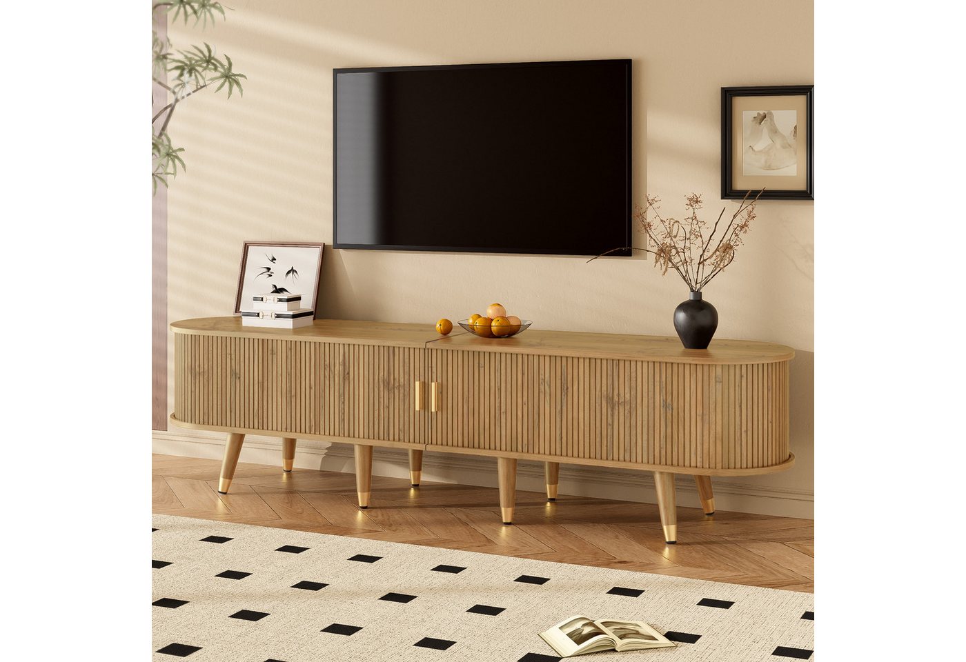 Celya TV-Schrank TV-Möbel, TV-Ständer, niedrigerer Fernsehschrank mit Schiebetüren (mit offenen Fächern, Schubladen und Schrank, natürliches Design) Geeignet fü – Bild 3 von 5