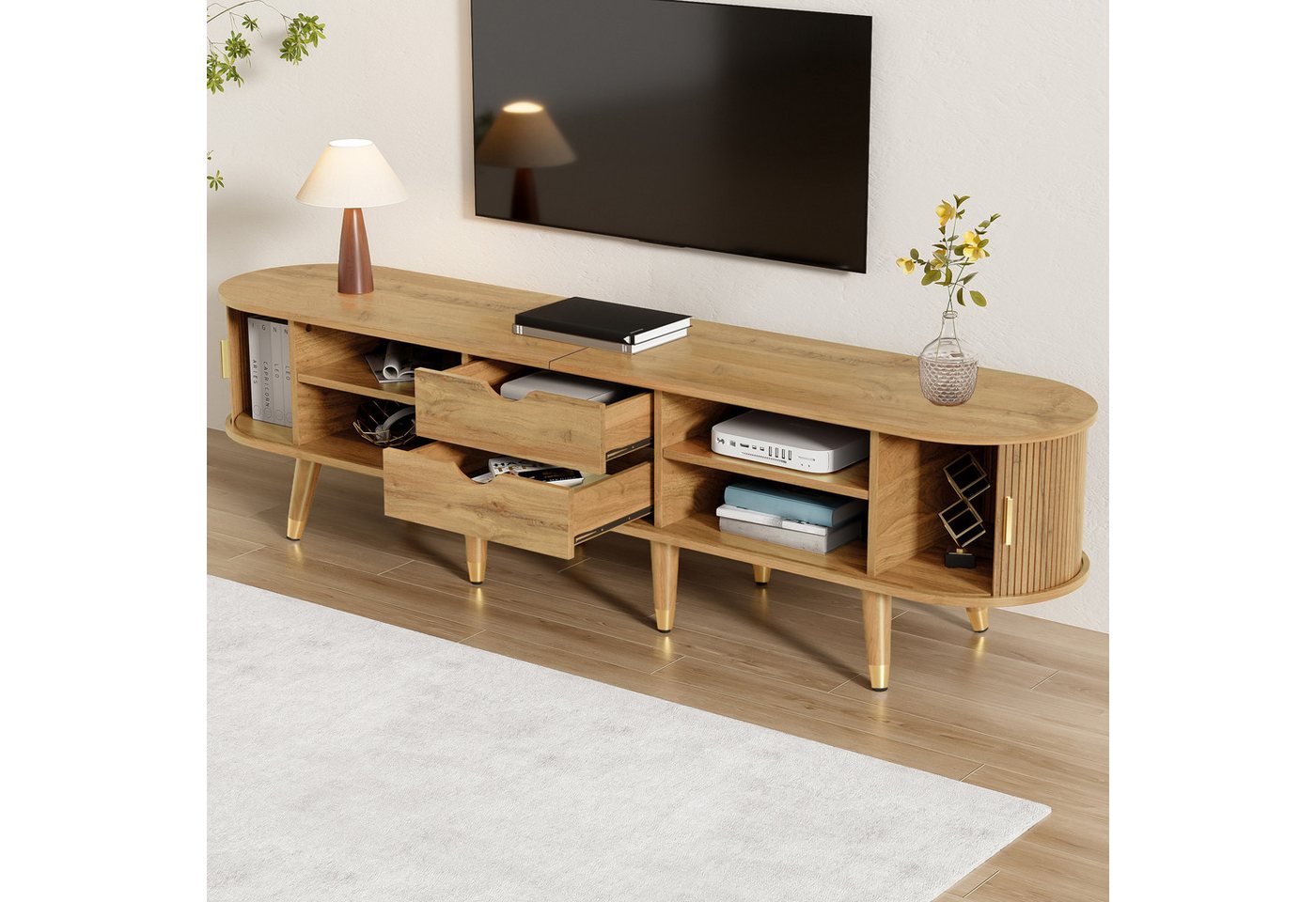 Celya TV-Schrank TV-Möbel, TV-Ständer, niedrigerer Fernsehschrank mit Schiebetüren (mit offenen Fächern, Schubladen und Schrank, natürliches Design) Geeignet fü – Bild 4 von 5