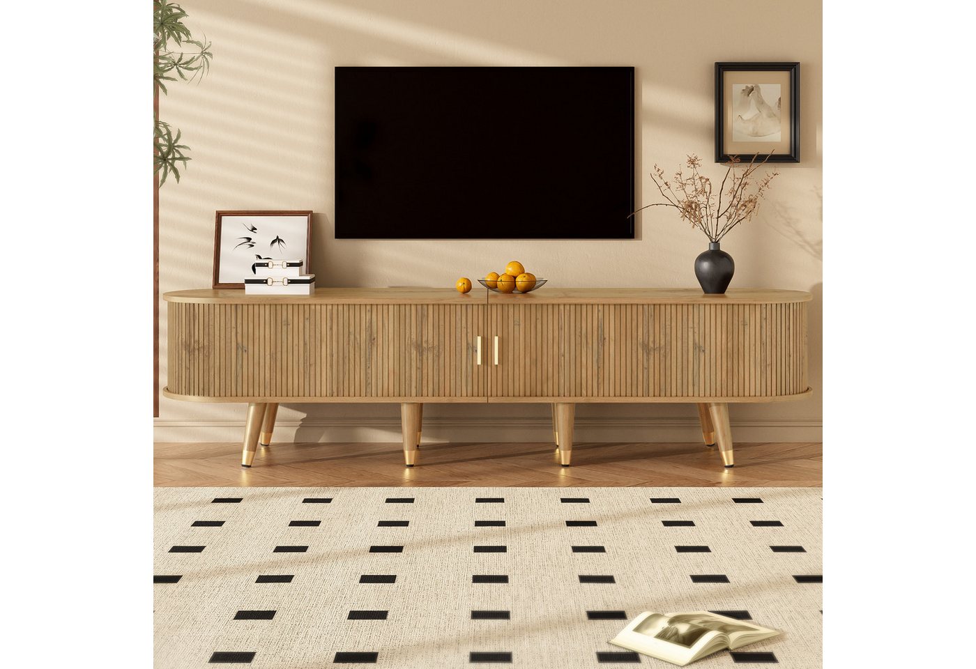 Celya TV-Schrank TV-Möbel, TV-Ständer, niedrigerer Fernsehschrank mit Schiebetüren (mit offenen Fächern, Schubladen und Schrank, natürliches Design) Geeignet fü – Bild 5 von 5