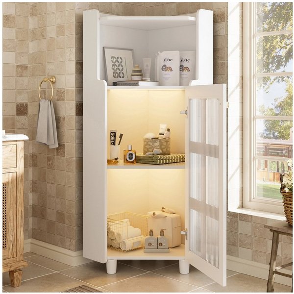 Celya Vitrine Eck-Schrank mit Lackoberfläche & LED-Beleuchtung (63.5*124cm, Weiß, für Wohnzimmer, Bücherregal, Badezimmer) Moderne Eck-Kommode mit App-Steuerung