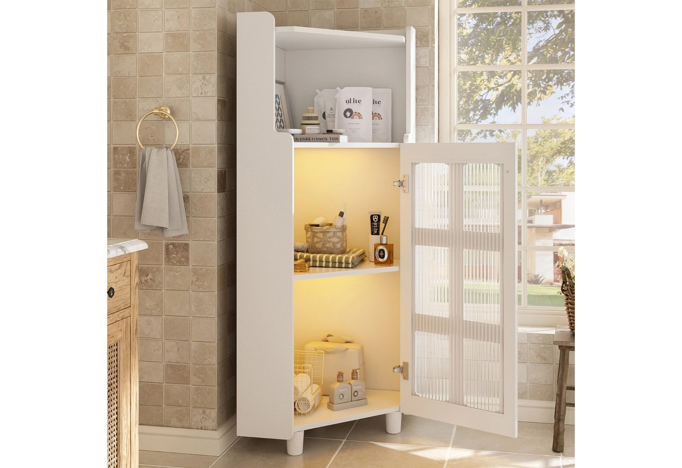 Celya Vitrine Eck-Schrank mit Lackoberfläche & LED-Beleuchtung (63.5*124cm, Weiß, für Wohnzimmer, Bücherregal, Badezimmer) Moderne Eck-Kommode mit App-Steuerung – Bild 3 von 5
