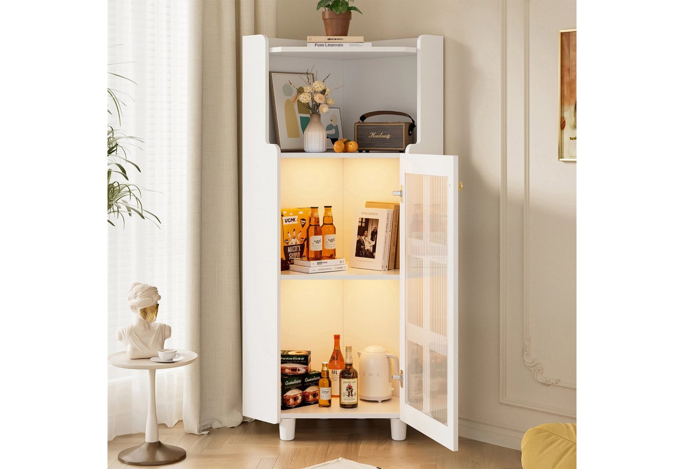 Celya Vitrine Eck-Schrank mit Lackoberfläche & LED-Beleuchtung (63.5*124cm, Weiß, für Wohnzimmer, Bücherregal, Badezimmer) Moderne Eck-Kommode mit App-Steuerung – Bild 4 von 5