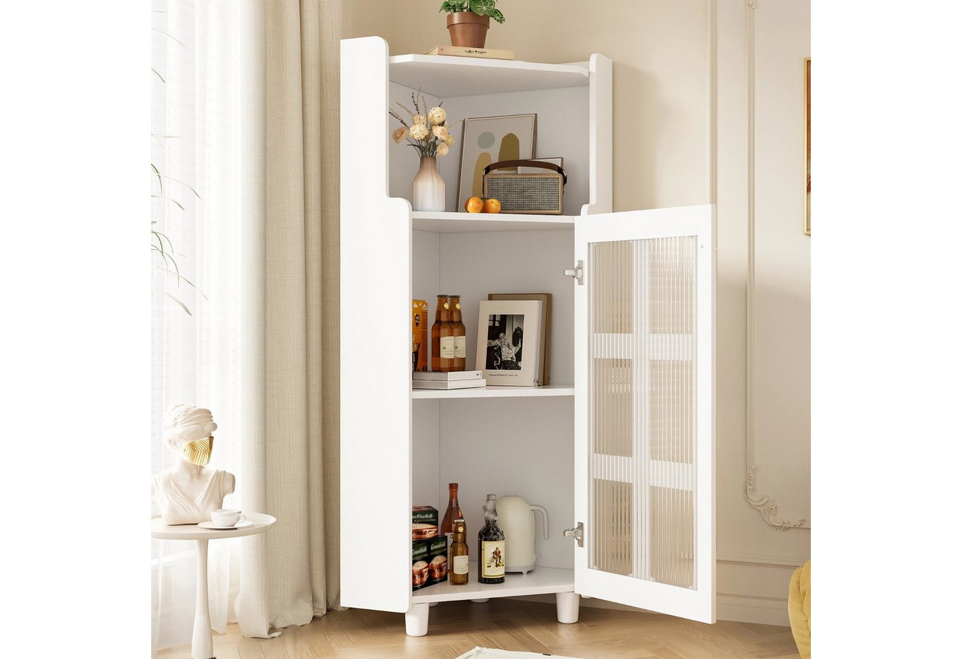 Celya Vitrine Eck-Schrank mit Lackoberfläche & LED-Beleuchtung (63.5*124cm, Weiß, für Wohnzimmer, Bücherregal, Badezimmer) Moderne Eck-Kommode mit App-Steuerung – Bild 5 von 5