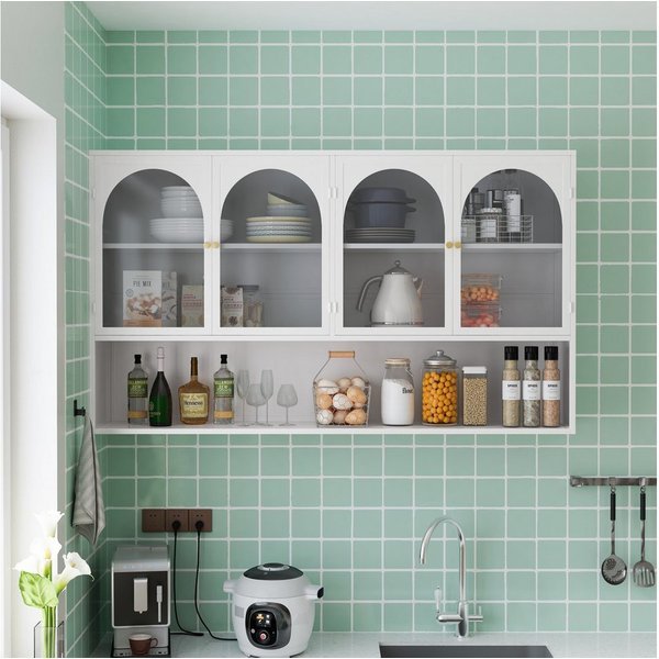Celya Wandhängeschrank 120 cm vier Türen Glas Wandschrank Aufbewahrung, Wandmontage, geeignet für Küche, Wohnzimmer, Badezimmer, Weiß