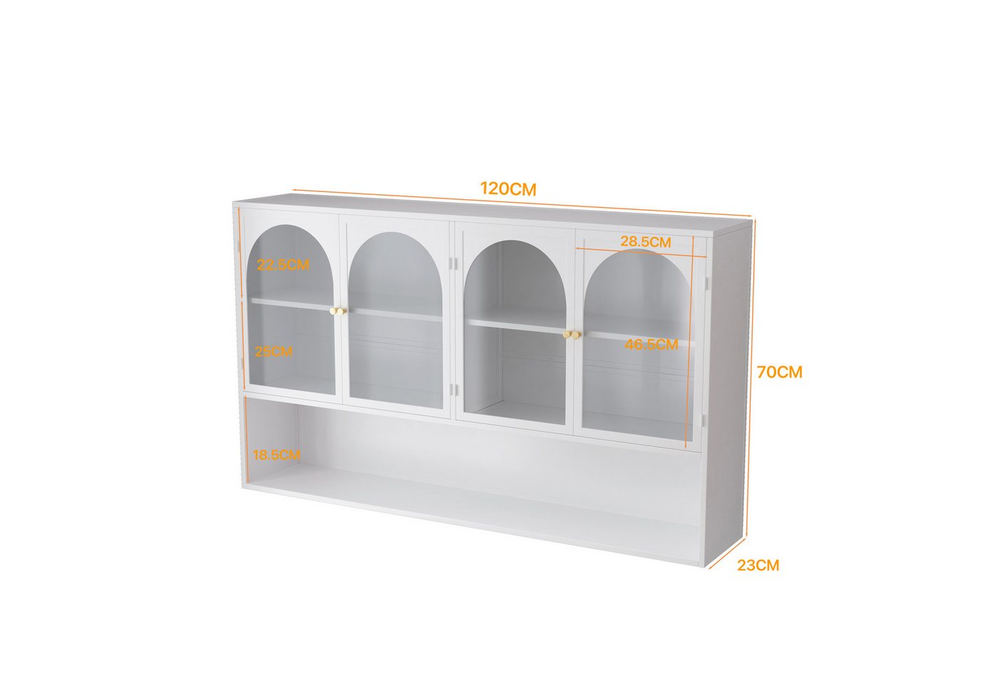 Celya Wandhängeschrank 120 cm vier Türen Glas Wandschrank Aufbewahrung, Wandmontage, geeignet für Küche, Wohnzimmer, Badezimmer, Weiß – Bild 2 von 5