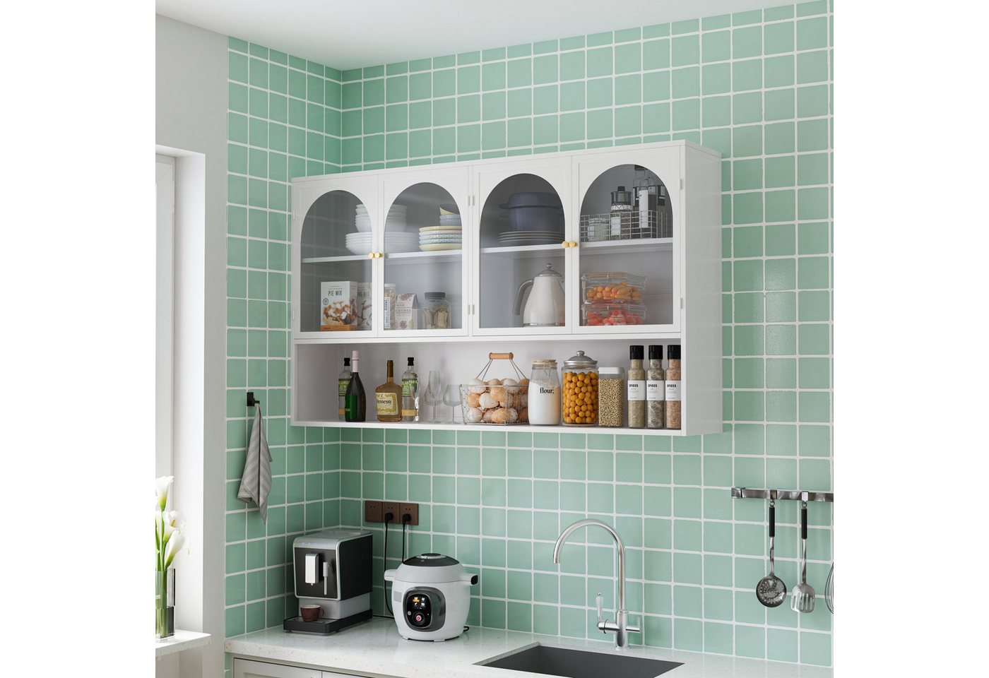 Celya Wandhängeschrank 120 cm vier Türen Glas Wandschrank Aufbewahrung, Wandmontage, geeignet für Küche, Wohnzimmer, Badezimmer, Weiß – Bild 3 von 5