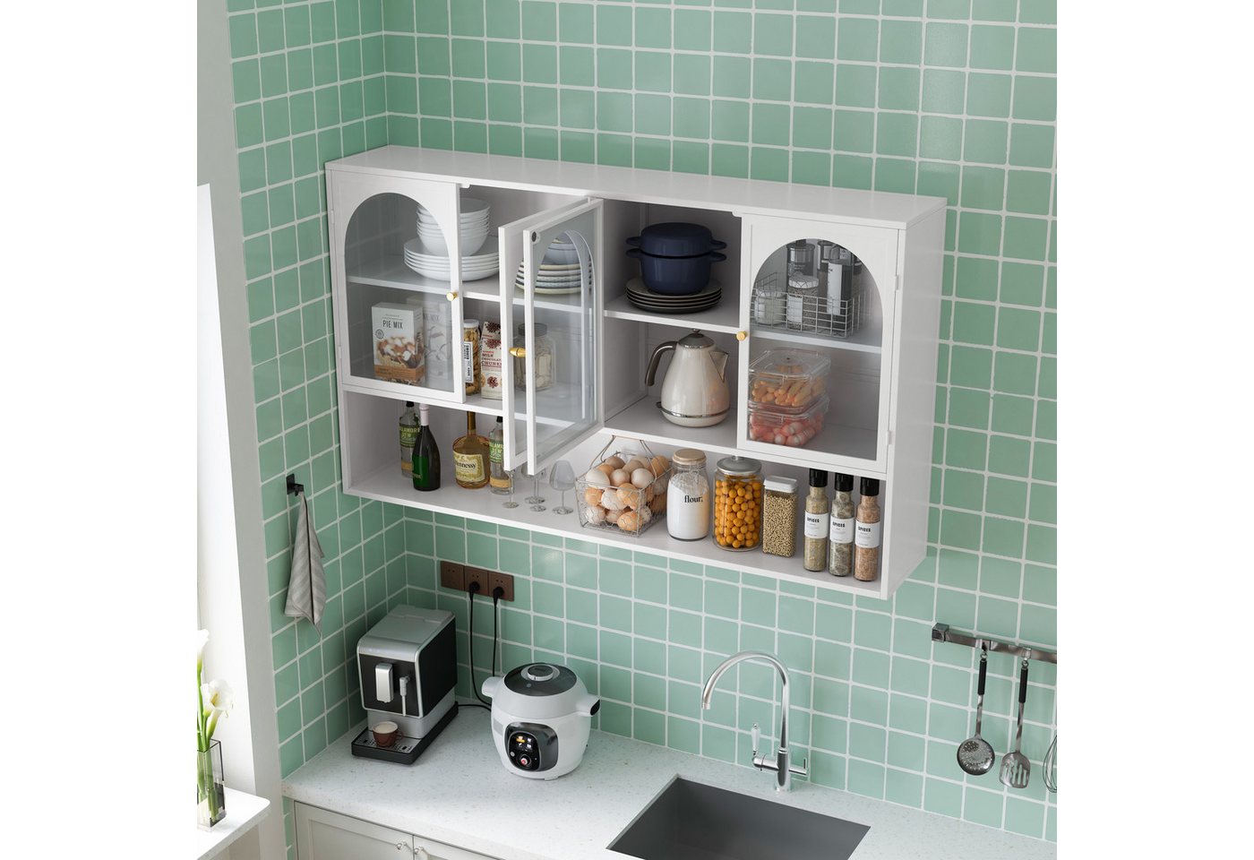 Celya Wandhängeschrank 120 cm vier Türen Glas Wandschrank Aufbewahrung, Wandmontage, geeignet für Küche, Wohnzimmer, Badezimmer, Weiß – Bild 4 von 5