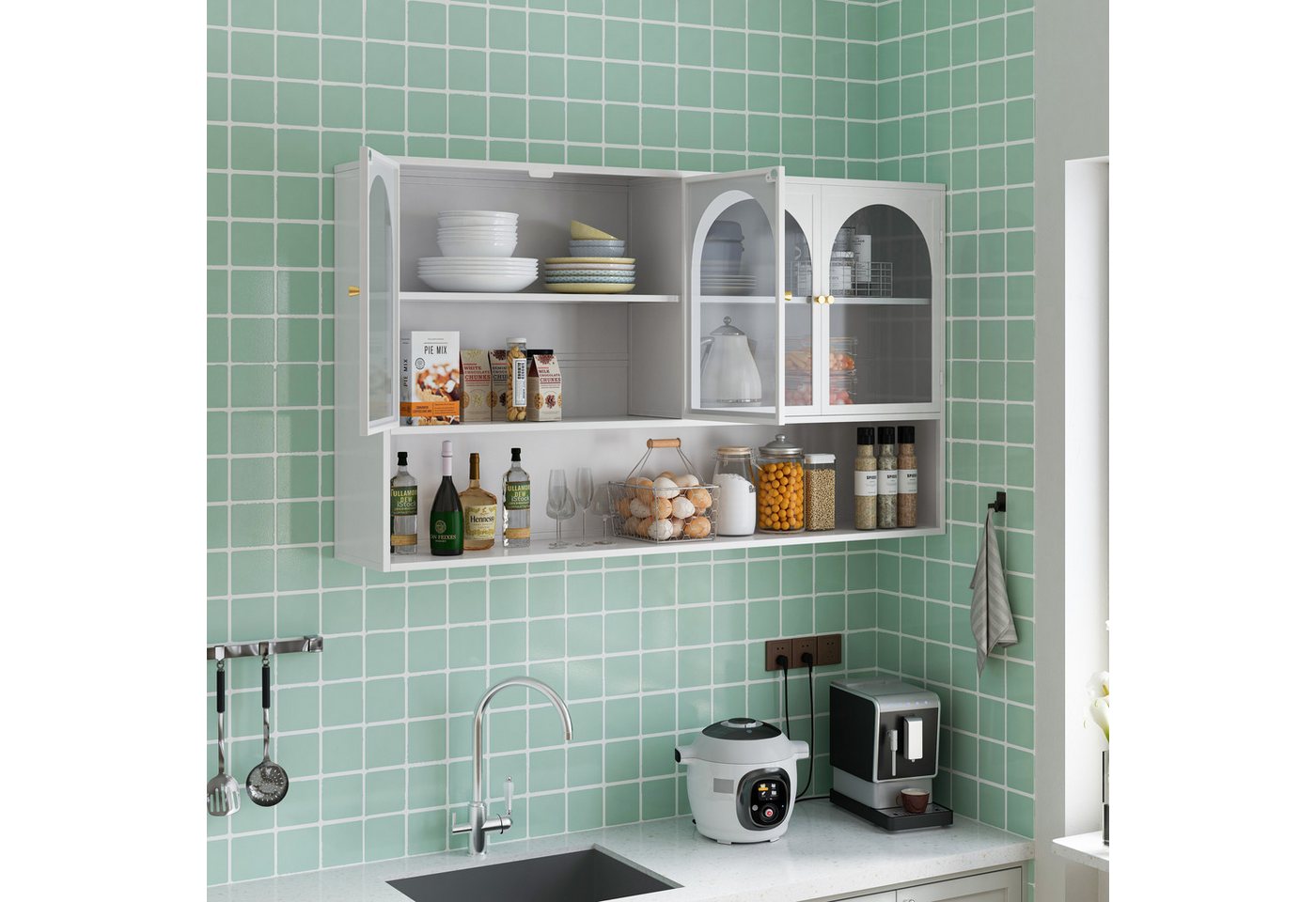 Celya Wandhängeschrank 120 cm vier Türen Glas Wandschrank Aufbewahrung, Wandmontage, geeignet für Küche, Wohnzimmer, Badezimmer, Weiß – Bild 5 von 5