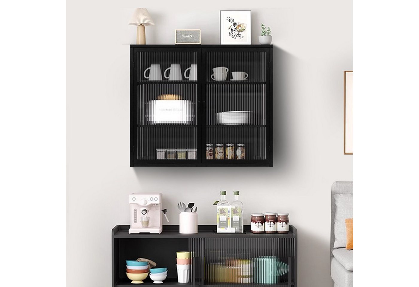 Celya Wandhängeschrank Glas-Wandregal,Hängeschrank küche, 70cm schwarz, Zweitüriger Hängeschrank mit dreistufiger Lagerung – Bild 3 von 5
