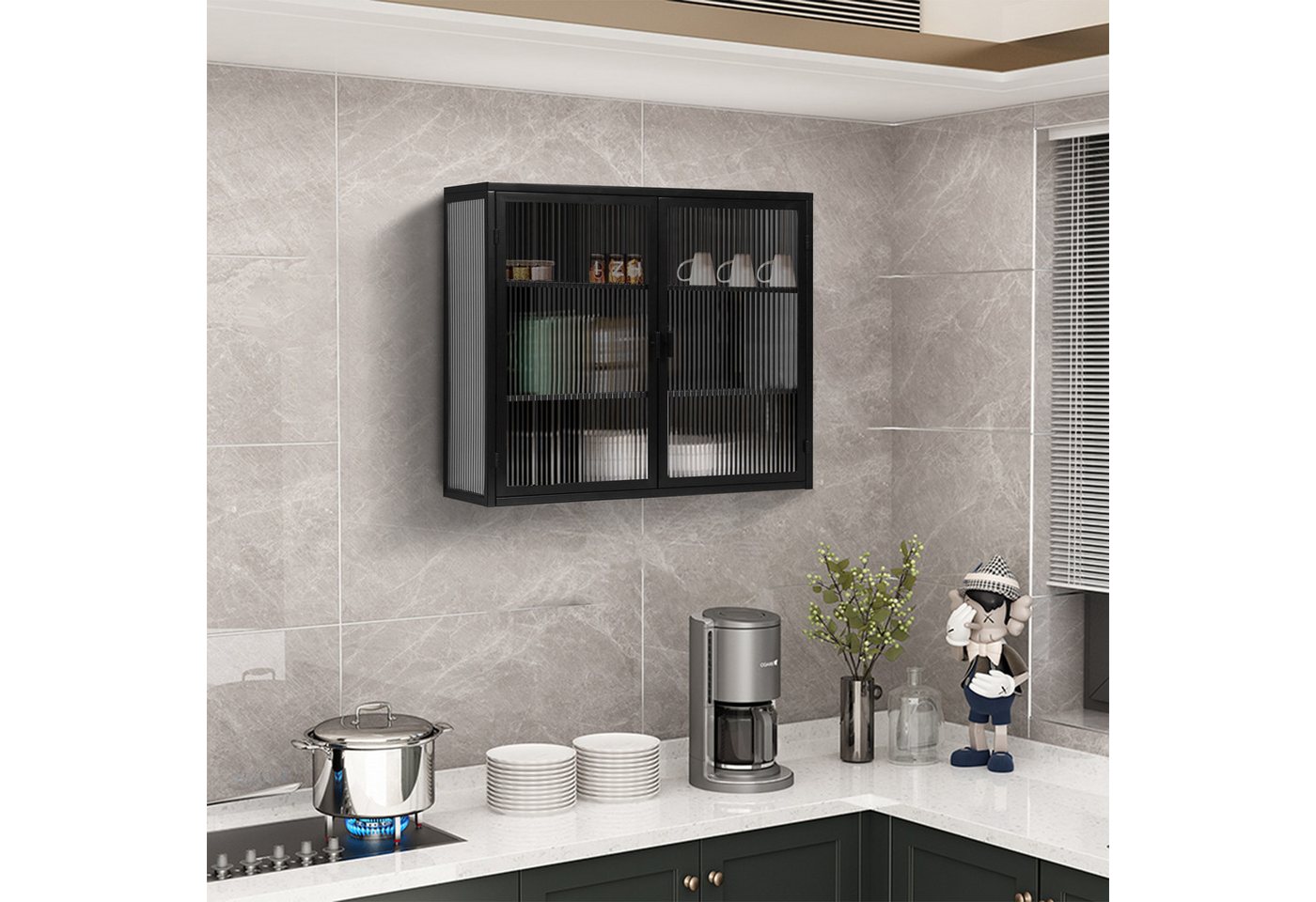 Celya Wandhängeschrank Glas-Wandregal,Hängeschrank küche, 70cm schwarz, Zweitüriger Hängeschrank mit dreistufiger Lagerung – Bild 4 von 5