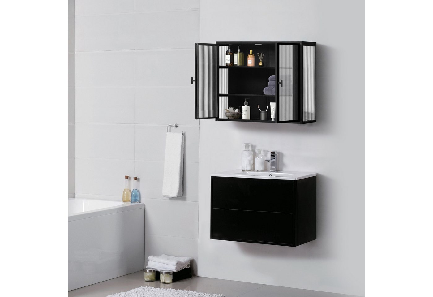 Celya Wandhängeschrank Glas-Wandregal,Hängeschrank küche, 70cm schwarz, Zweitüriger Hängeschrank mit dreistufiger Lagerung – Bild 5 von 5