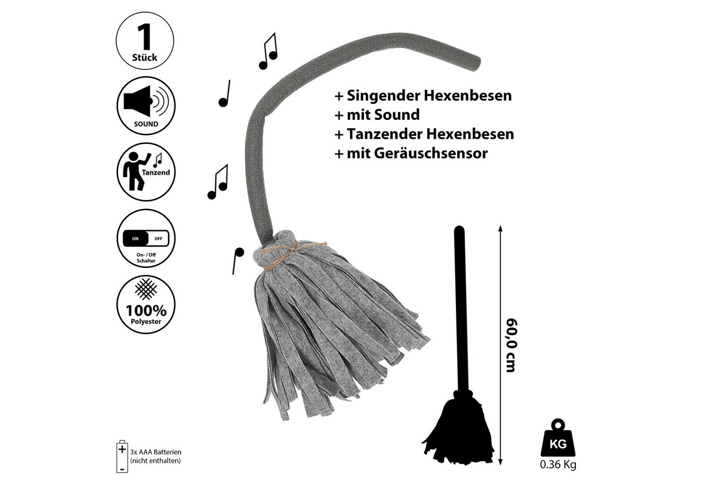CEPEWA Dekofigur Hexenbesen Halloween singend tanzend 20x60cm ABS Bewegung Sound – Bild 2 von 5