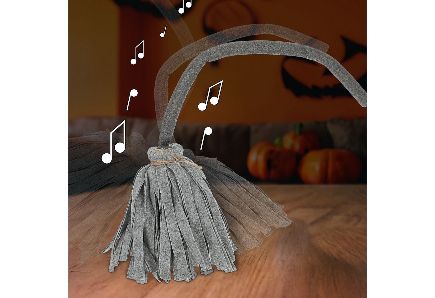 CEPEWA Dekofigur Hexenbesen Halloween singend tanzend 20x60cm ABS Bewegung Sound – Bild 3 von 5