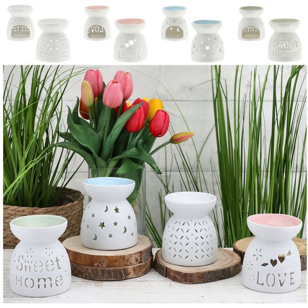 CEPEWA Duftlampe Duftlampe 4er Set Keramik 9x9,5cm Schrift Muster weiß blau rosa grün