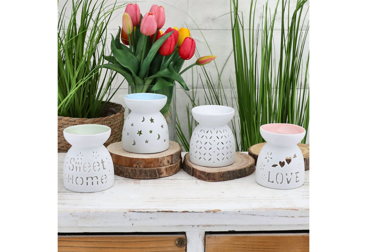 CEPEWA Duftlampe Duftlampe 4er Set Keramik 9x9,5cm Schrift Muster weiß blau rosa grün – Bild 3 von 5