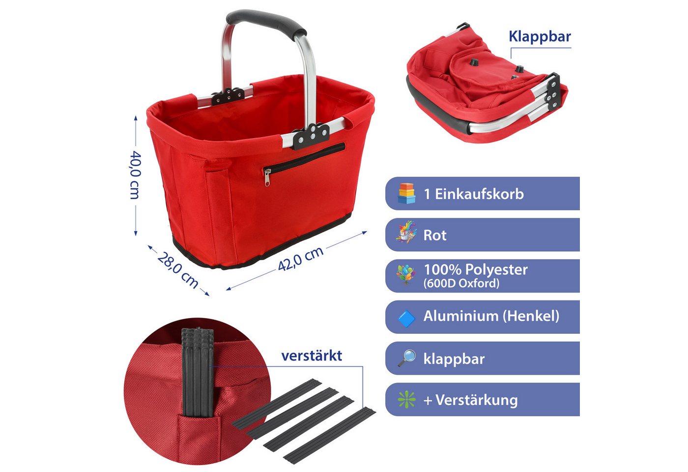 CEPEWA Einkaufskorb Einkaufskorb faltbar rot Alu Polyester 600D 42x40x28cm verstärkt Griff – Bild 2 von 5