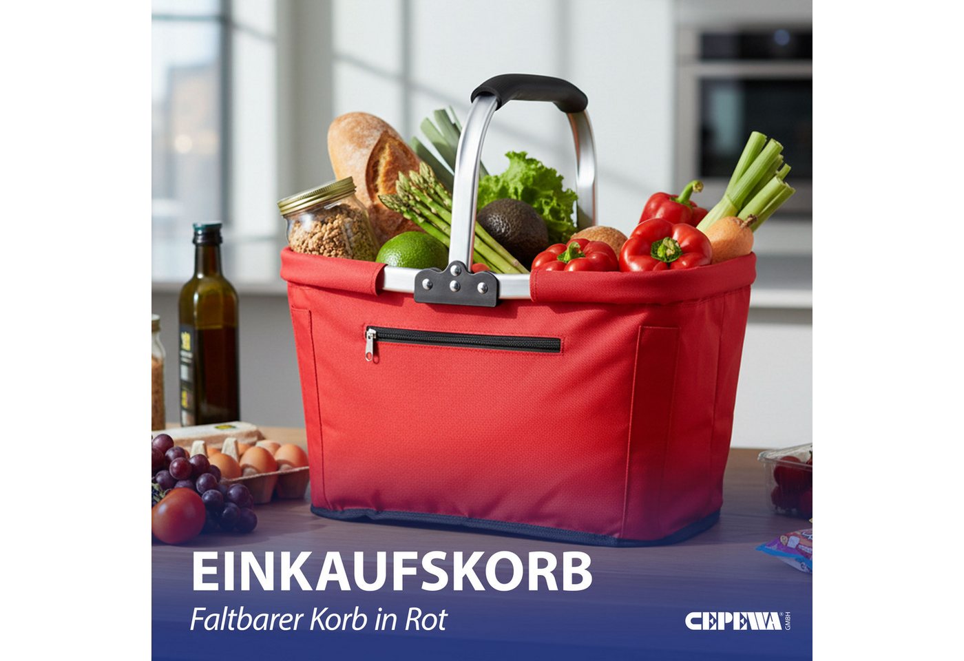 CEPEWA Einkaufskorb Einkaufskorb faltbar rot Alu Polyester 600D 42x40x28cm verstärkt Griff – Bild 3 von 5