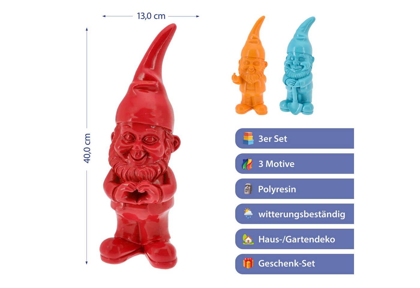 CEPEWA Gartenzwerg XL Gartenzwerg 3er Set Polyresin rot türkis orange 13x40x12cm Figur – Bild 2 von 5