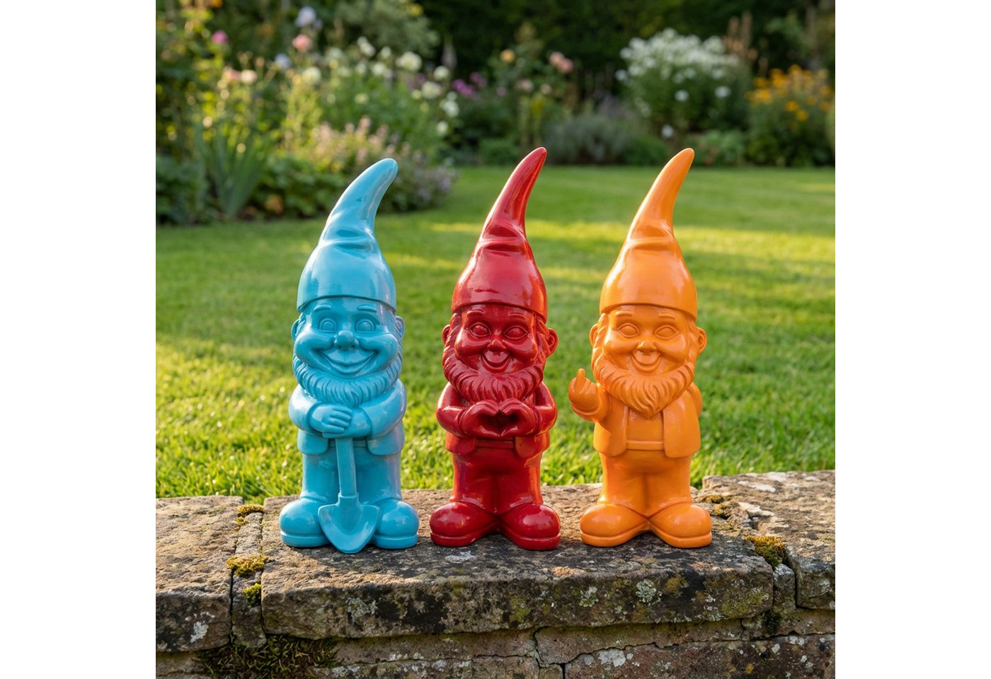 CEPEWA Gartenzwerg XL Gartenzwerg 3er Set Polyresin rot türkis orange 13x40x12cm Figur – Bild 4 von 5