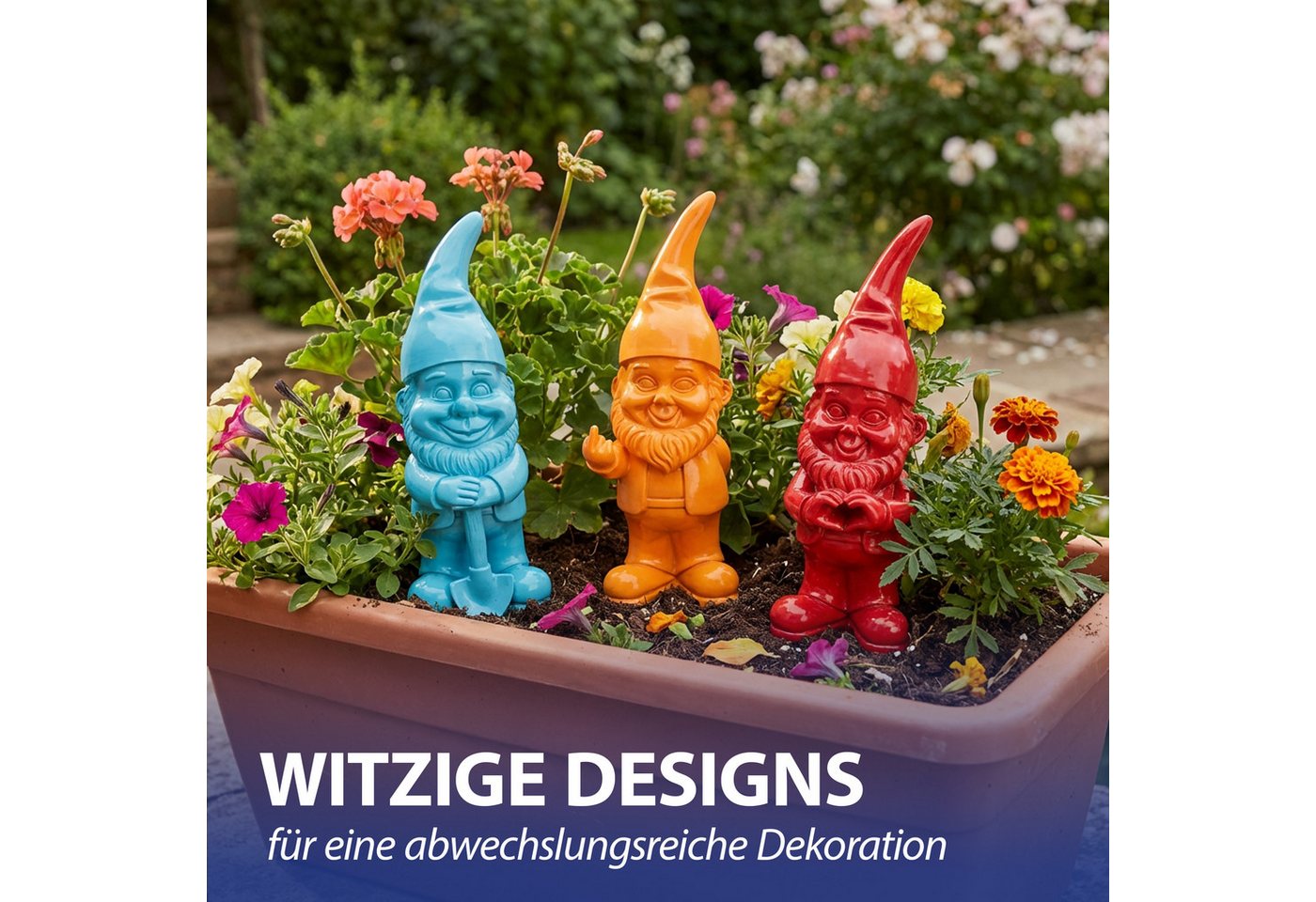 CEPEWA Gartenzwerg XL Gartenzwerg 3er Set Polyresin rot türkis orange 13x40x12cm Figur – Bild 5 von 5