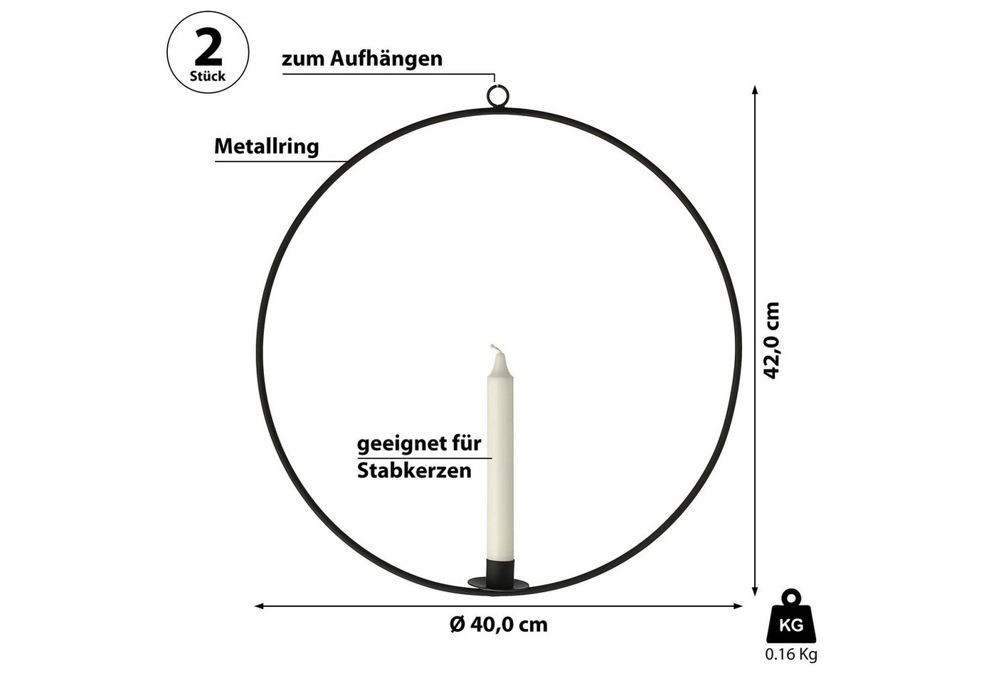 CEPEWA Kerzenständer Stabkerzenhalter Ring 2er Set schwarz 40x42cm Metall zum Aufhängen – Bild 2 von 5