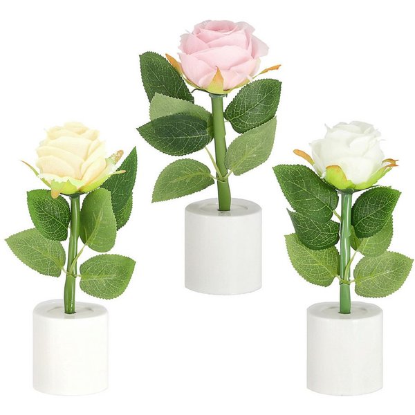 CEPEWA LED Dekolicht LED Rosen 3er Set Polyester PE 5x17cm creme weiß rosa Batterie Blume