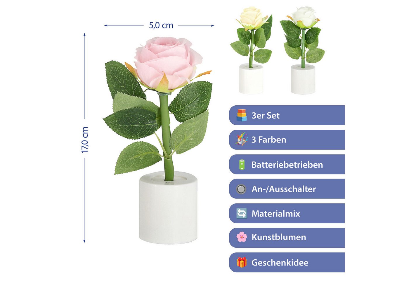 CEPEWA LED Dekolicht LED Rosen 3er Set Polyester PE 5x17cm creme weiß rosa Batterie Blume – Bild 2 von 5