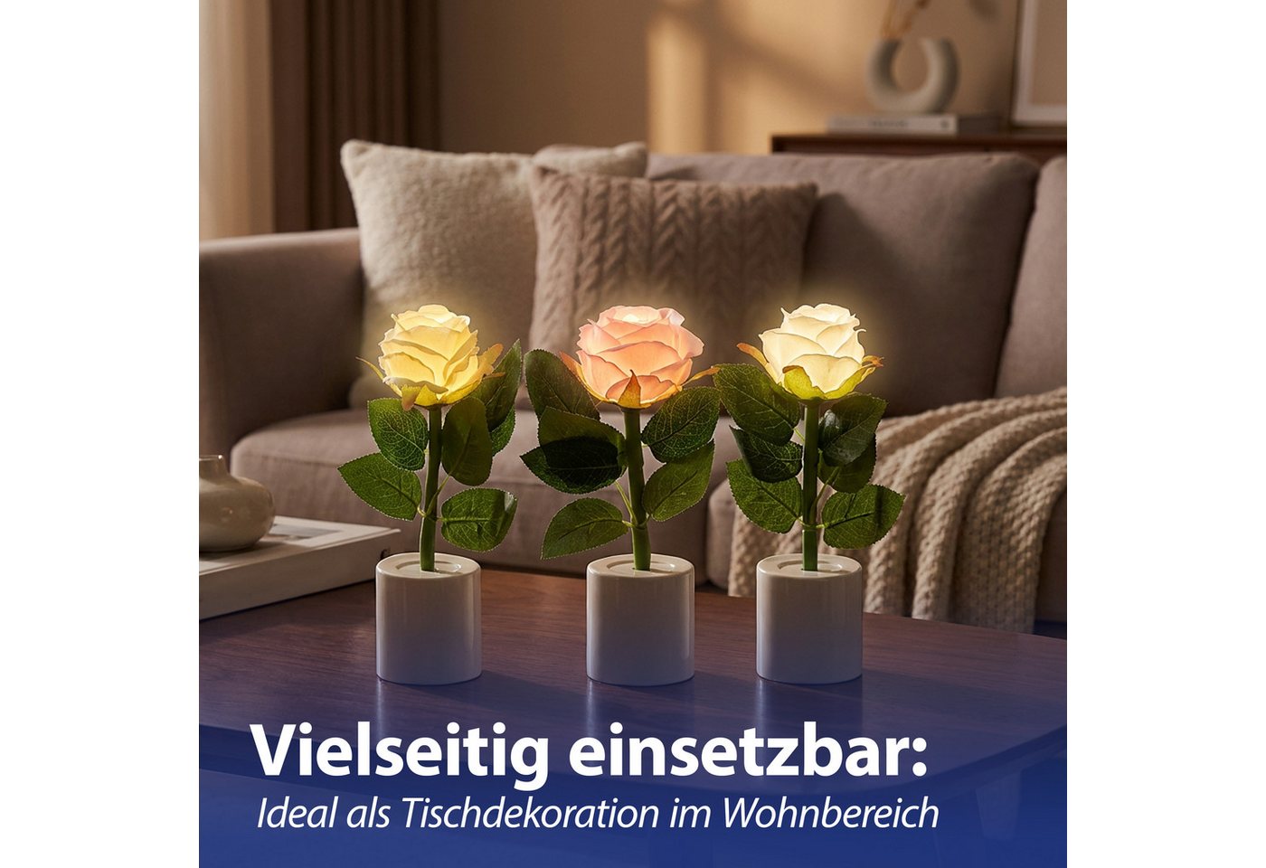 CEPEWA LED Dekolicht LED Rosen 3er Set Polyester PE 5x17cm creme weiß rosa Batterie Blume – Bild 4 von 5