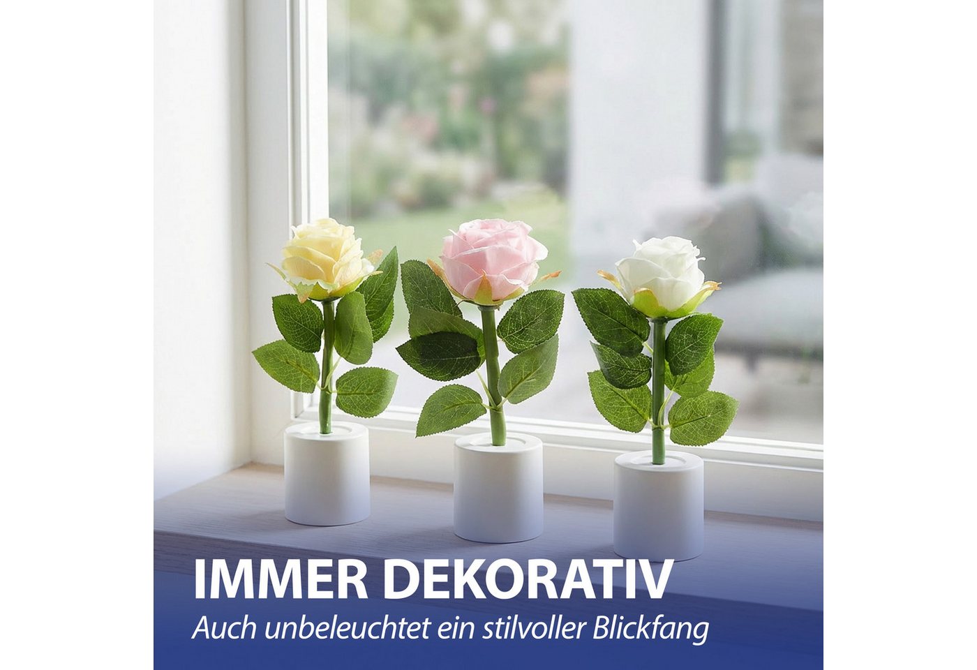 CEPEWA LED Dekolicht LED Rosen 3er Set Polyester PE 5x17cm creme weiß rosa Batterie Blume – Bild 5 von 5