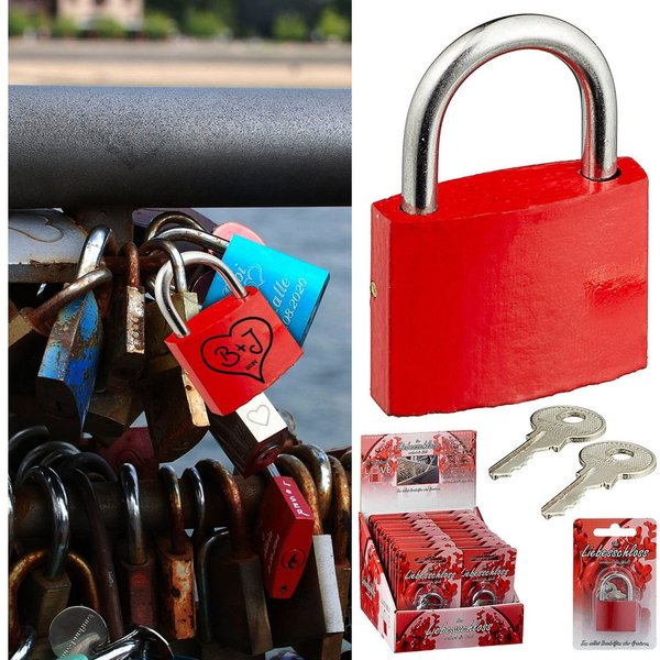 CEPEWA Vorhängeschloss Liebesschloss 24 Stück Display 3,8cm rot Metall 2fach 2 Schlüssel
