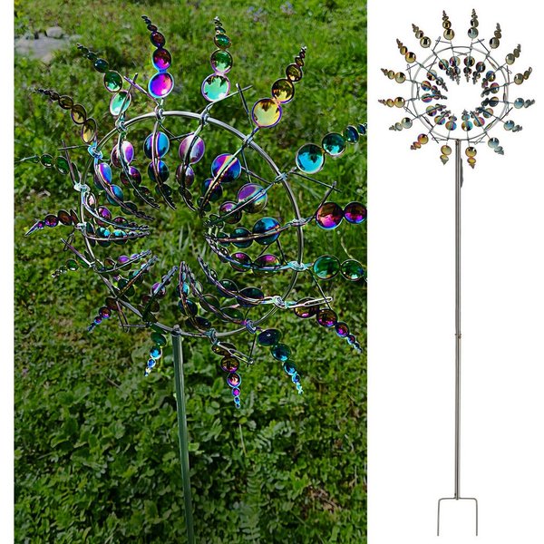 CEPEWA Windspiel Windrad 3D 16 Flügel Multicolor Metallic-Effekt Ø30xH100cm Erdspieß