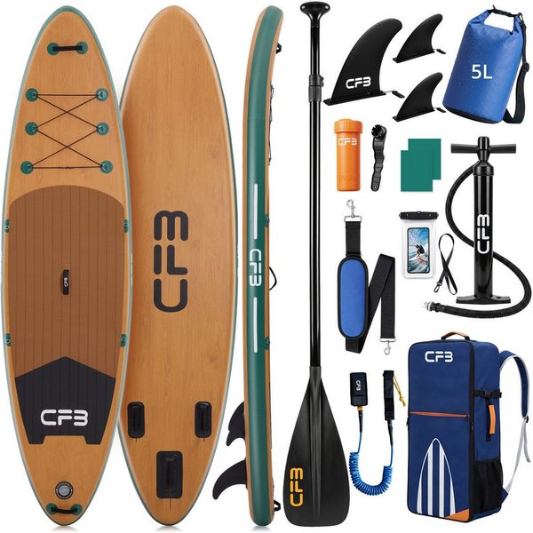 CFB SUP-Board Set 320x84x15 cm, 160 kg Traglast, extra breites iSUP in Holzoptik, aufblasbares Stand Up Paddle Board, (Inflatable SUP-Board, 12 tlg., Komplett-S