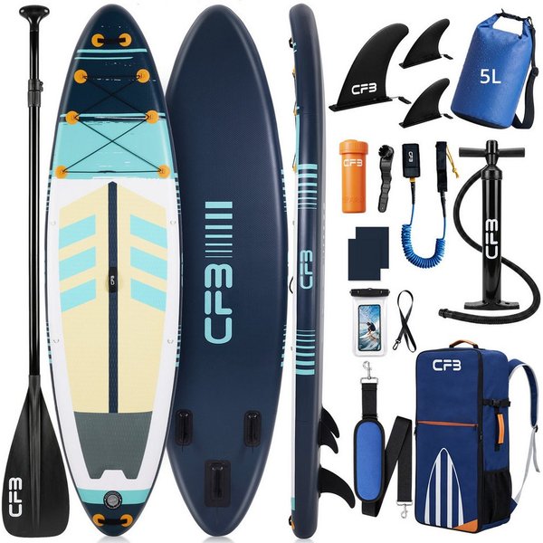CFB SUP-Board Set 320x84x15 cm extra breit, Bis zu 160 kg, aufblasbar Stand Up Paddle Board, (iSUP Komplett-Set, 12 tlg., mit Alu Paddel, Pumpe, Rucksack, Leash