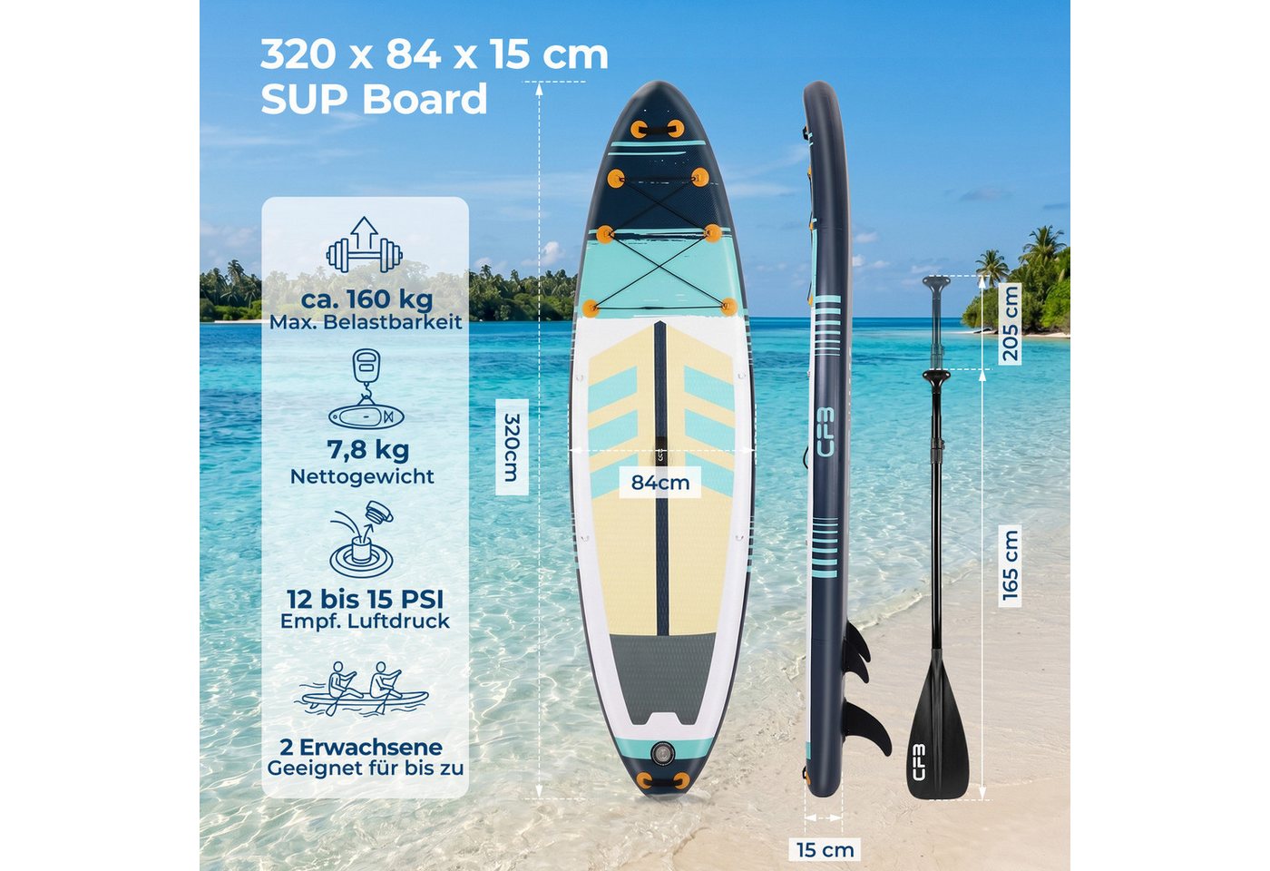 CFB SUP-Board Set 320x84x15 cm extra breit, Bis zu 160 kg, aufblasbar Stand Up Paddle Board, (iSUP Komplett-Set, 12 tlg., mit Alu Paddel, Pumpe, Rucksack, Leash – Bild 2 von 5