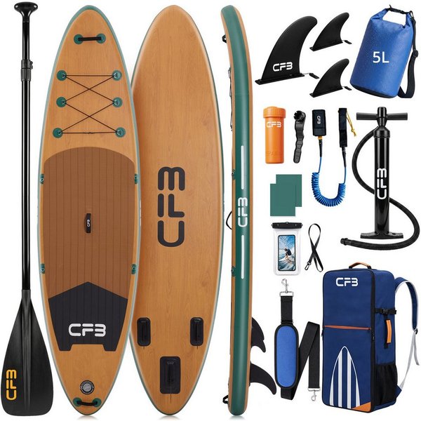 CFB SUP-Board Set 320x84x15 cm extra breit, Bis zu 160 kg, aufblasbar Stand Up Paddle Board, (iSUP Komplett-Set, 12 tlg., mit Alu Paddel, Pumpe, Rucksack, Leash