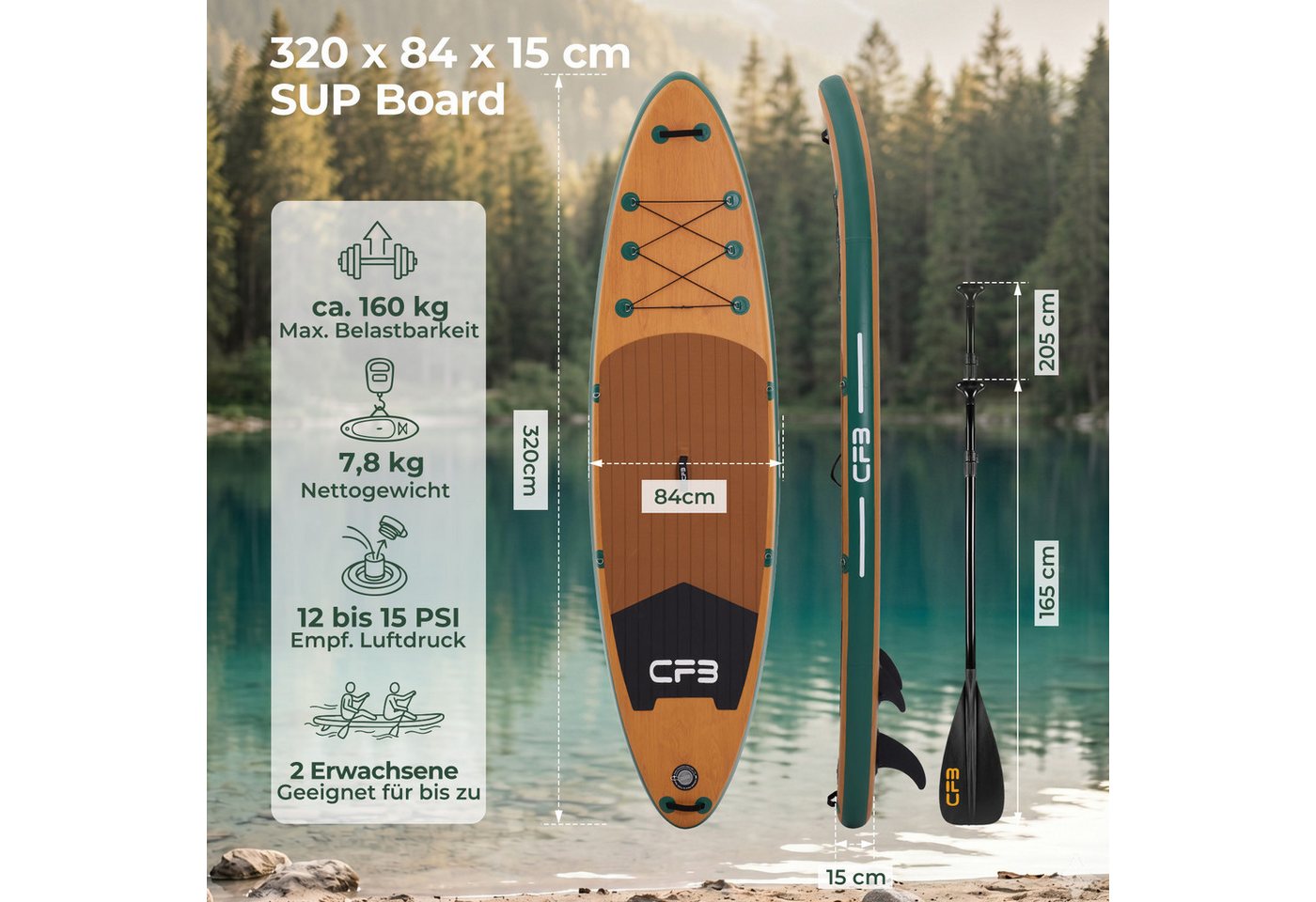 CFB SUP-Board Set 320x84x15 cm extra breit, Bis zu 160 kg, aufblasbar Stand Up Paddle Board, (iSUP Komplett-Set, 12 tlg., mit Alu Paddel, Pumpe, Rucksack, Leash – Bild 2 von 5