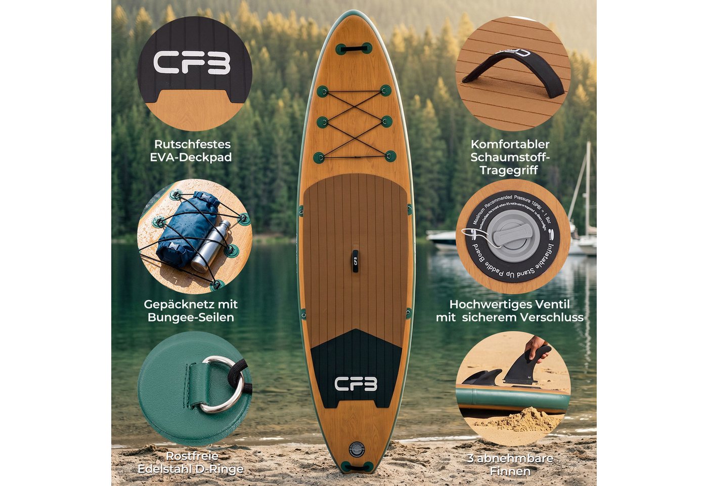 CFB SUP-Board Set 320x84x15 cm extra breit, Bis zu 160 kg, aufblasbar Stand Up Paddle Board, (iSUP Komplett-Set, 12 tlg., mit Alu Paddel, Pumpe, Rucksack, Leash – Bild 5 von 5